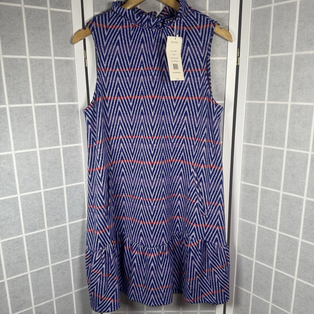 Tyler Boe Dress Medium Blue Red Chevron Jacquard Sleveless Ruffle Neck New